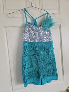 Weissman Turquoise Sequin Fringe Dance Costume with Feather Accent